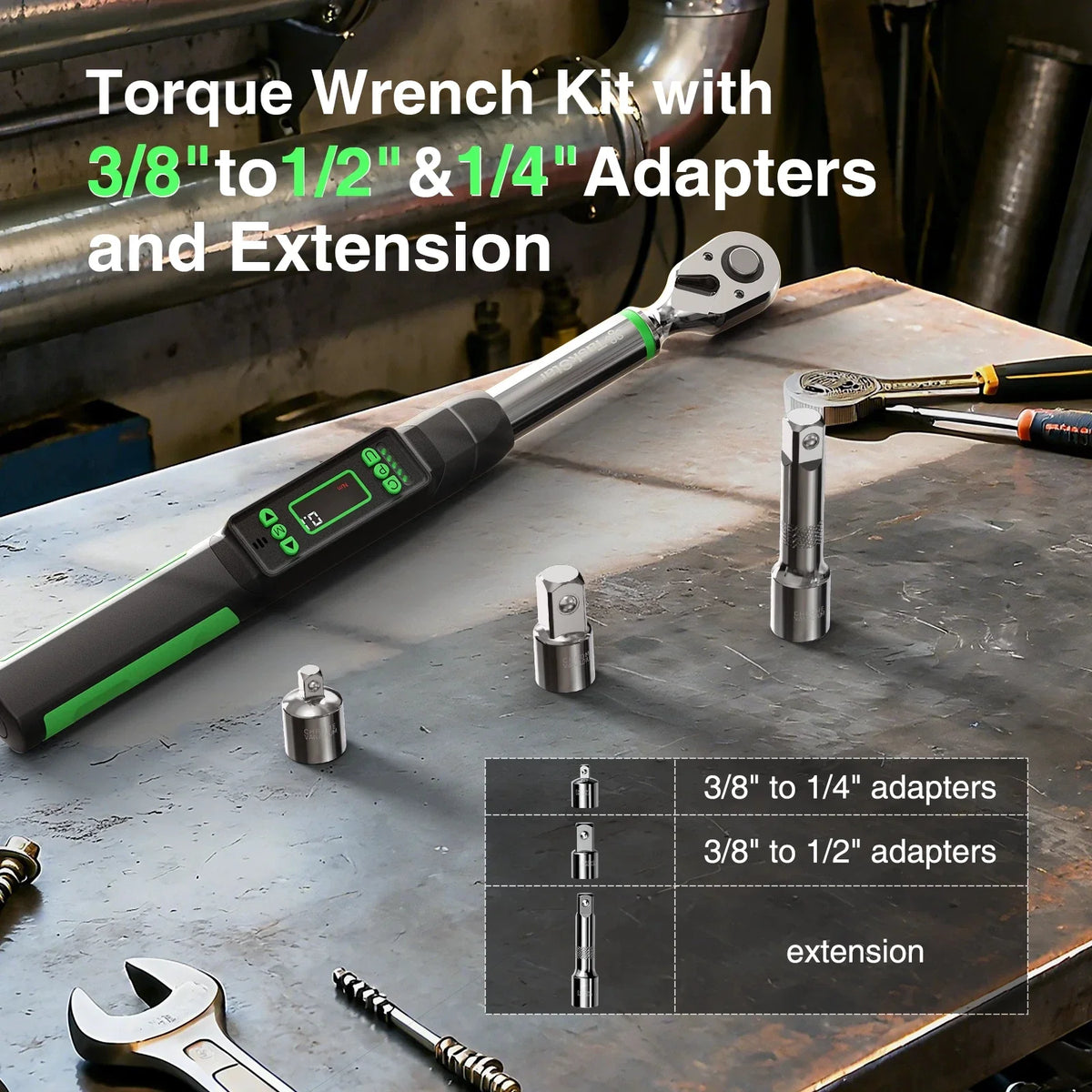 Taskstar 3/8-Inch Digital Torque Wrench with 1/4"&1/2" Adapter, Bidirectional Ratchet Head, ±2% Accuracy Electronic Torque Wrench(0-162Ft-Lbs/0-220N.M), Handheld Wrench Kit for Bicycle/Car/Motorcycle Care, 5 Units of Measure