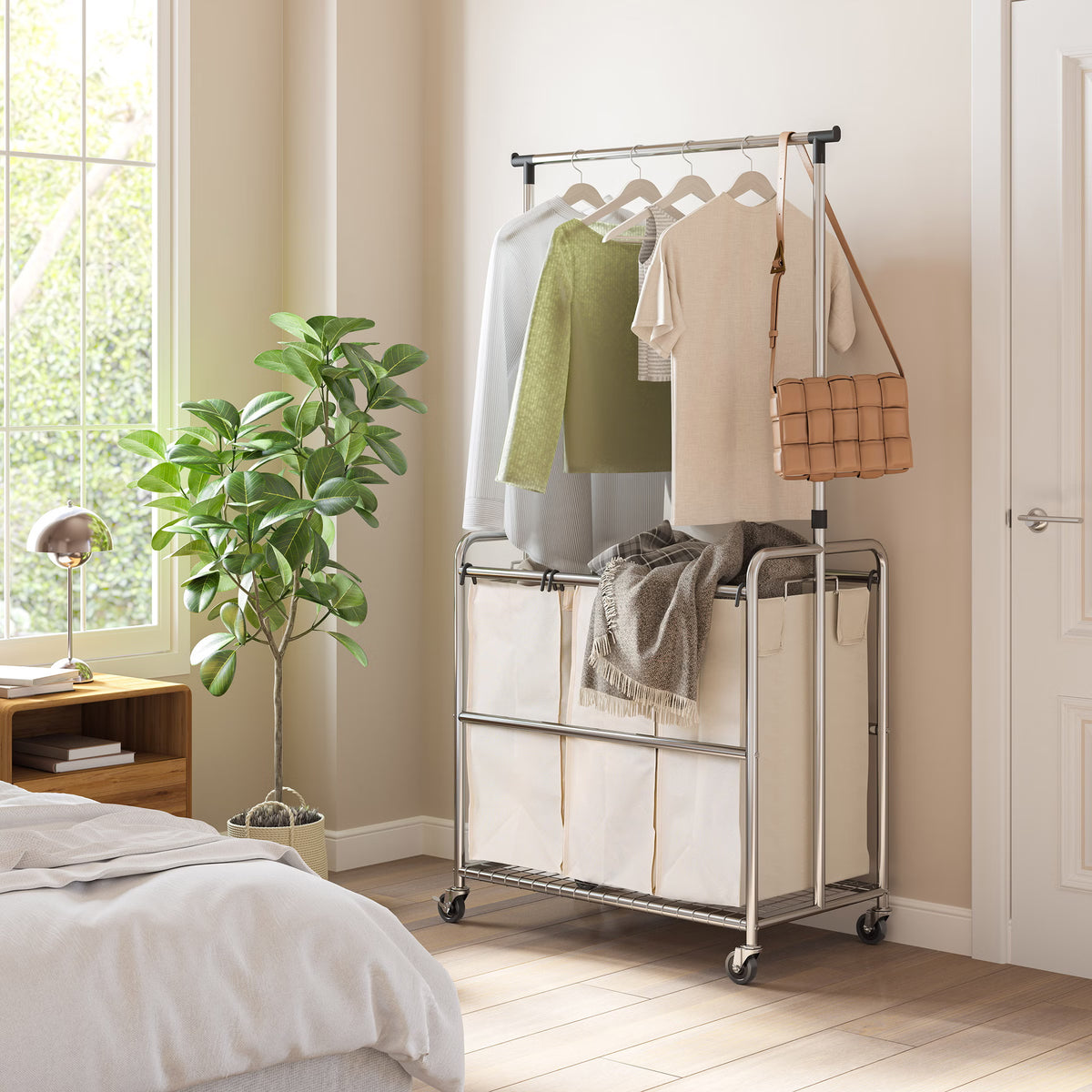 Seville Classics 3-Bag Laundry Sorter with Adjustable Clothes Bar