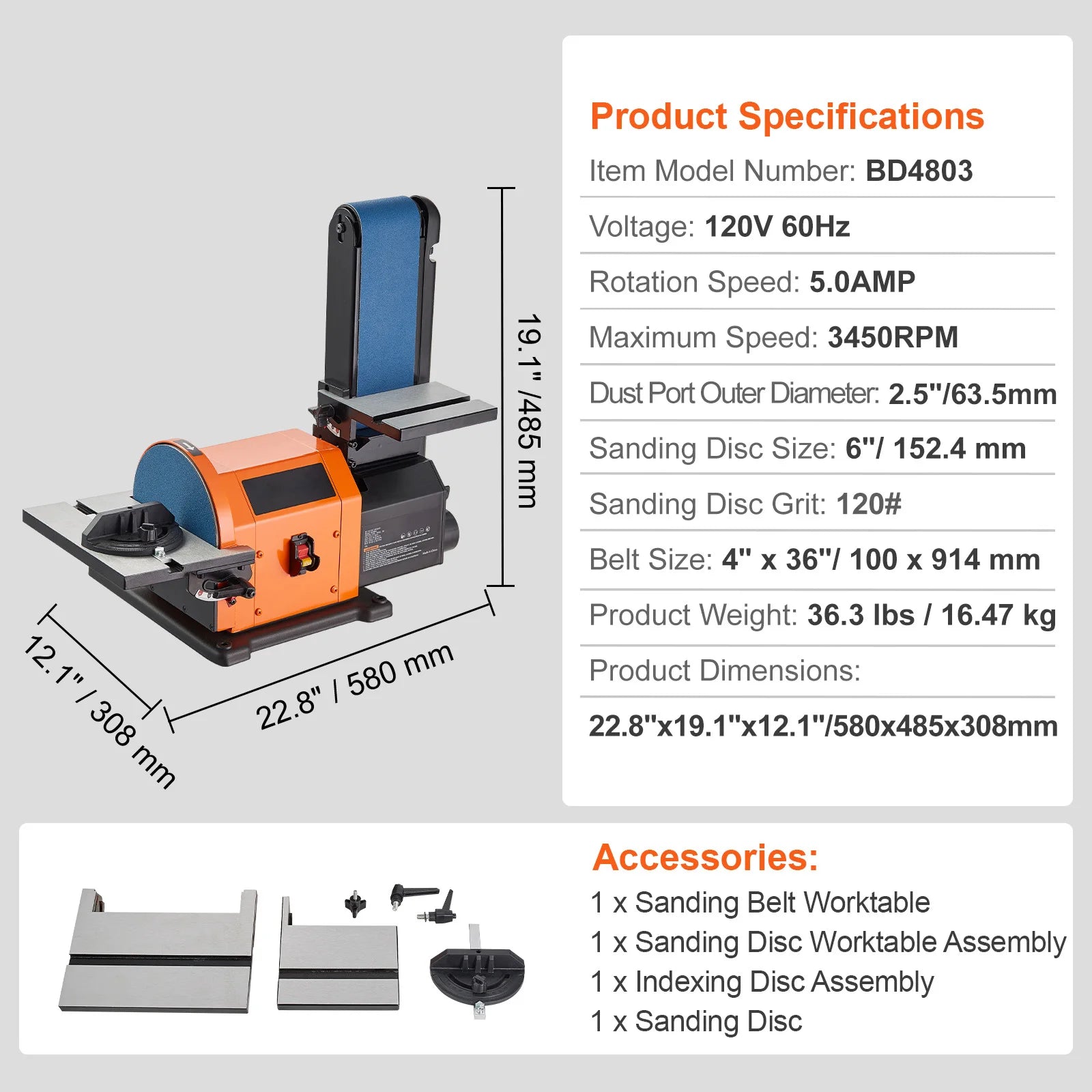 Belt Disc Sander Combo with 5A/4.3A/2.5A Induction Motor Belt Sanding Machine Woodworking Deburring Grinder Combo Bench