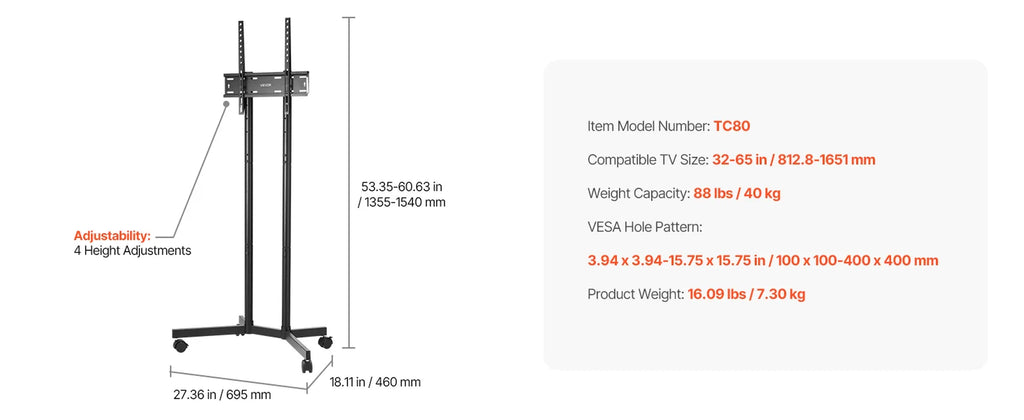 Succebuy Rolling TV Stand Mobile TV Cart Suit for Various Sizes TV Portable TV Stand with Wheels for Living Room Bedroom Office