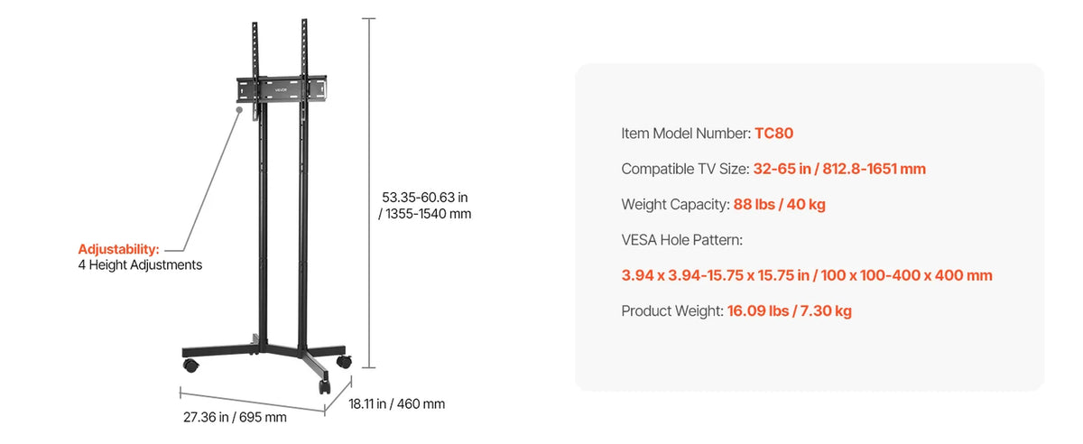 Succebuy Rolling TV Stand Mobile TV Cart Suit for Various Sizes TV Portable TV Stand with Wheels for Living Room Bedroom Office