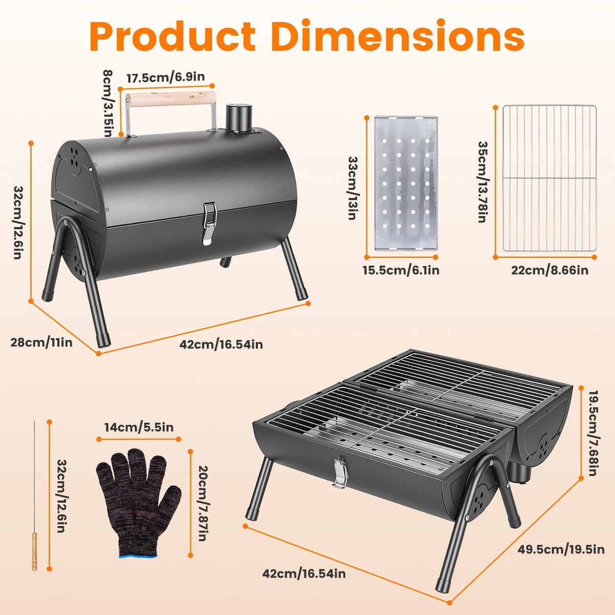 Portable Charcoal Grill Foldable BBQ Grill with Double-Sided Cooking Design, Chimney Vent, 10 Stainless Steel Skewers Carry Handle Outdoor Barbecue Grill for Camping Picnic Beach