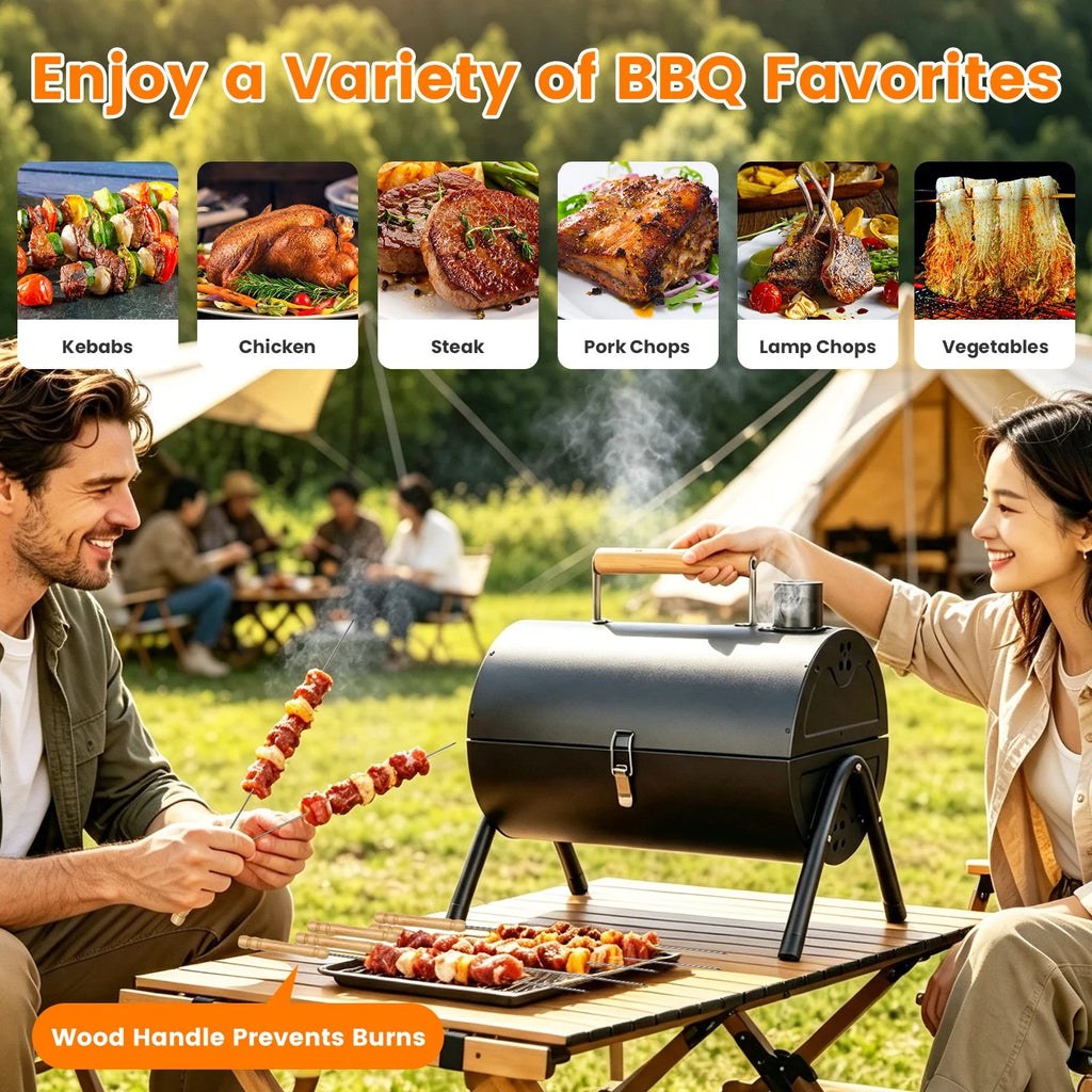 Portable Charcoal Grill Foldable BBQ Grill with Double-Sided Cooking Design, Chimney Vent, 10 Stainless Steel Skewers Carry Handle Outdoor Barbecue Grill for Camping Picnic Beach