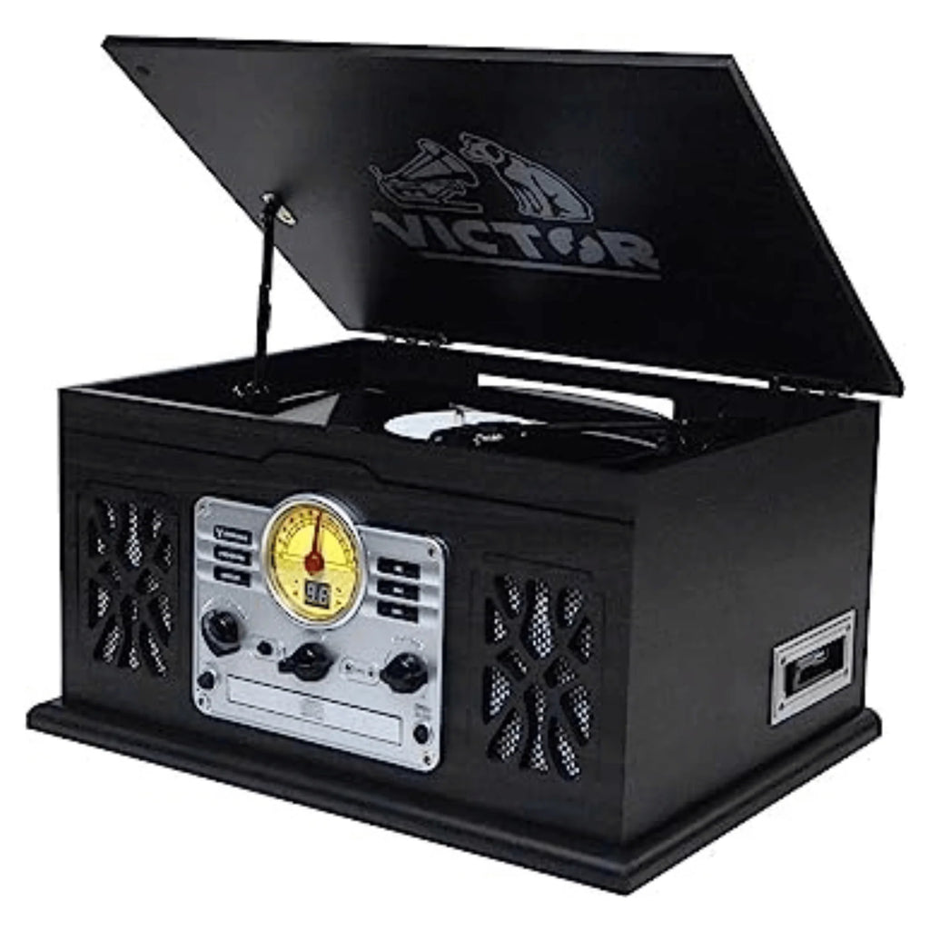 Victor State 7-In-1 Wood Music Center with 3-Speed Turntable and Dual Bluetooth