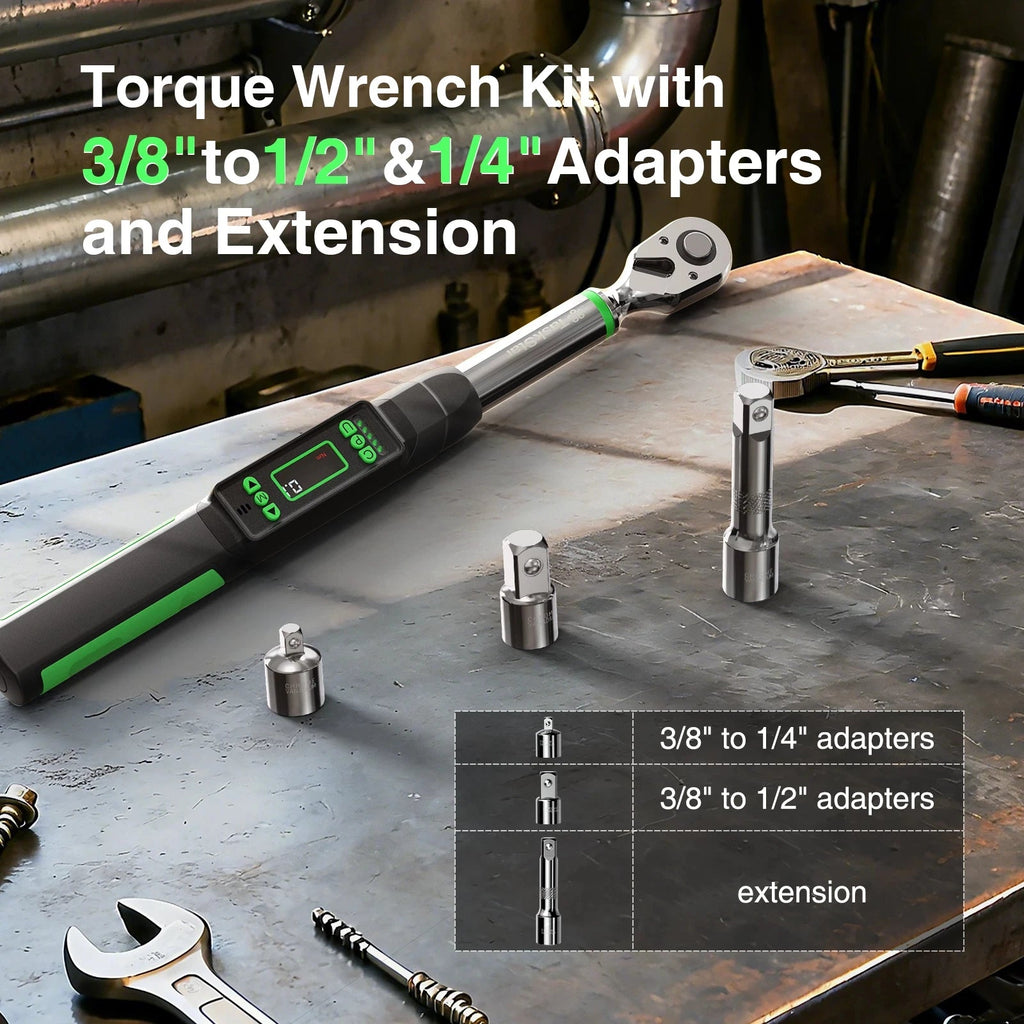 Taskstar 3/8-Inch Digital Torque Wrench with 1/4"&1/2" Adapter, Bidirectional Ratchet Head, ±2% Accuracy Electronic Torque Wrench(0-162Ft-Lbs/0-220N.M), Handheld Wrench Kit for Bicycle/Car/Motorcycle Care, 5 Units of Measure