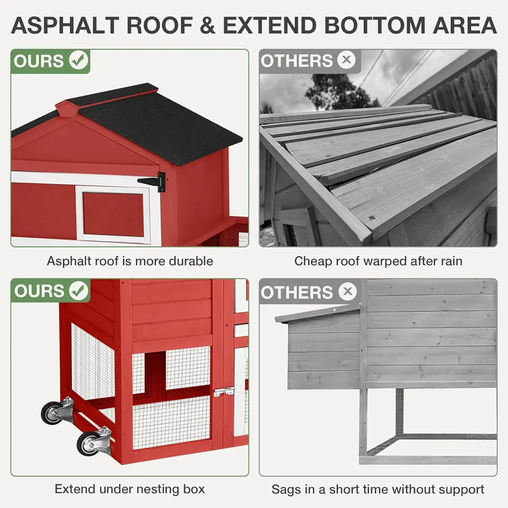 Chicken Coop for Outdoor - Poultry Cage with Wheels, Nesting Box, Leakproof Pull-On Tray, and Asphalt Waterproof Roof - Red