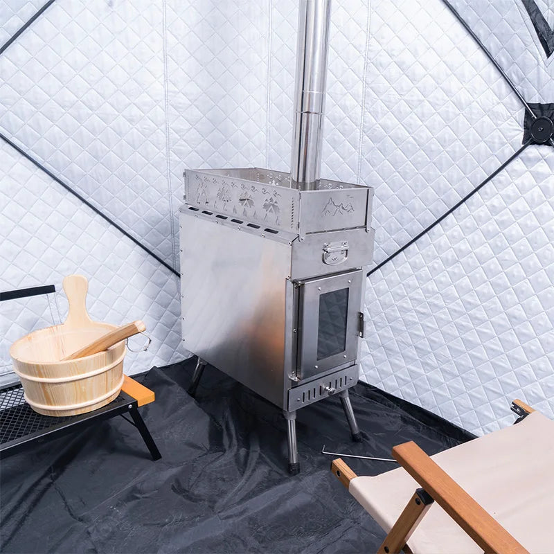 Portable Sauna Stove Wood-Burning Large Heater for Outdoor Camping Tents Folding Stove with Window Chimney Outdoor Camping Gear