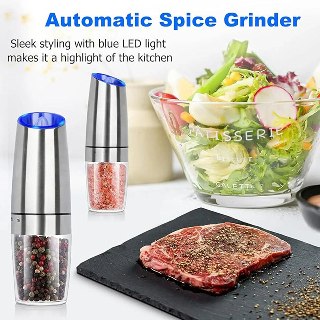 1Pc/2Pcs, Gravity Electric Salt and Pepper Grinder - Salt & Pepper Mill Sets with LED Light, One Hand Automatic Operation, Adjus