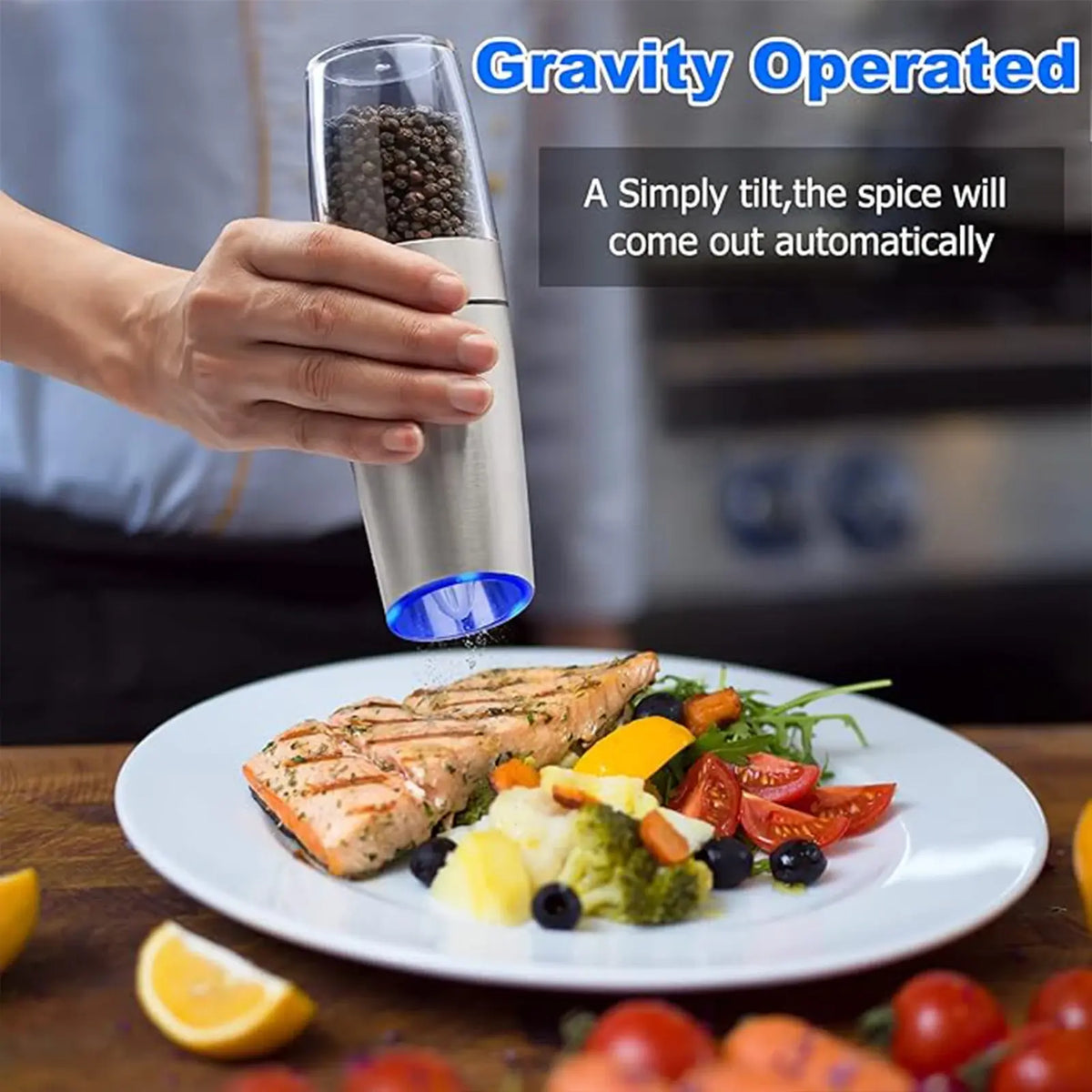 1Pc/2Pcs, Gravity Electric Salt and Pepper Grinder - Salt & Pepper Mill Sets with LED Light, One Hand Automatic Operation, Adjus