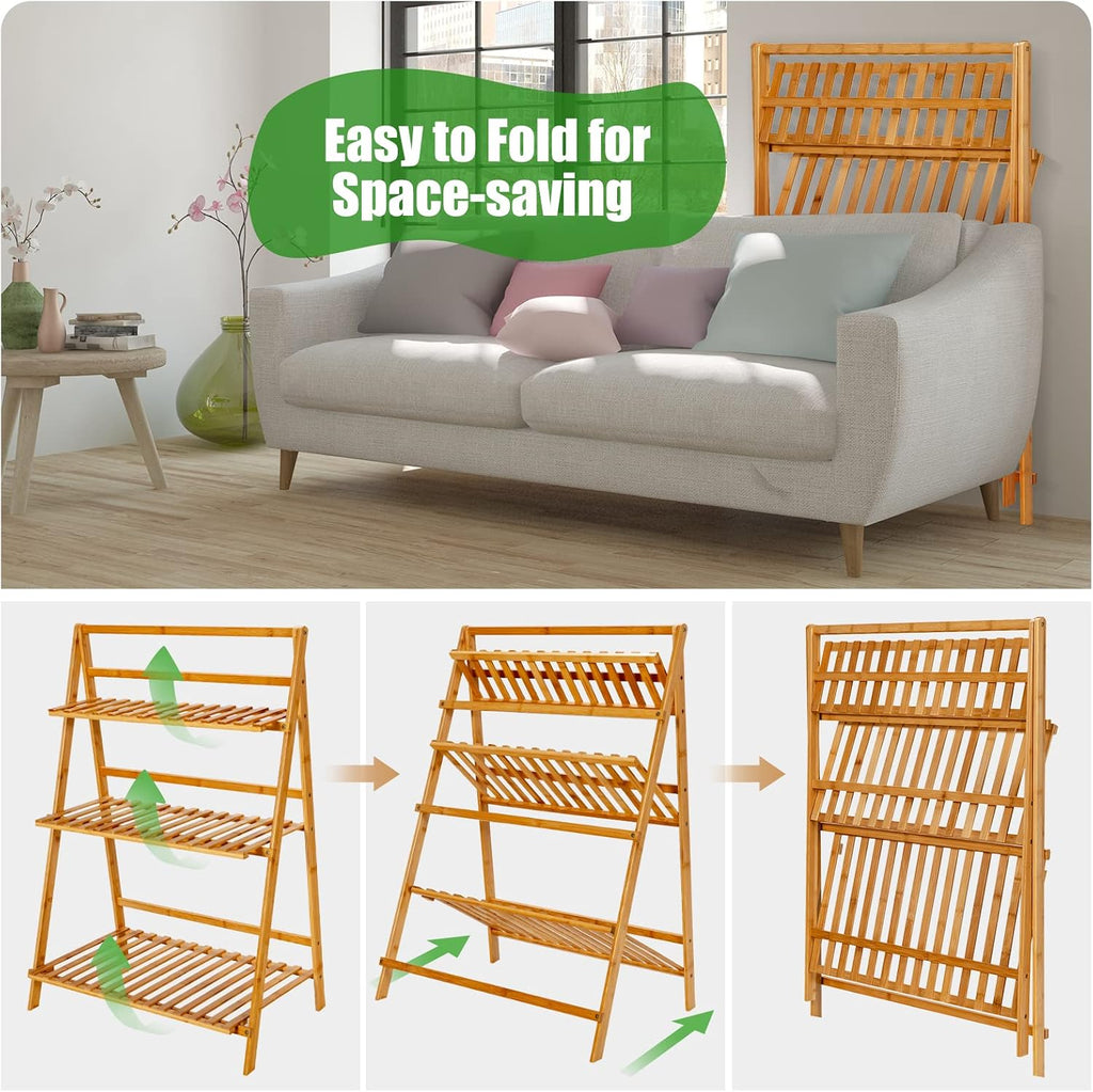 Bamboo Ladder Plant Stand, 3 Tier Folding Bamboo Plant Shelf, Foldable Flower Pot Display Shelf Rack, Multiple Plants Holder Organizer Storage Shelf for Indoor Outdoor Balcony Garden (Natural)
