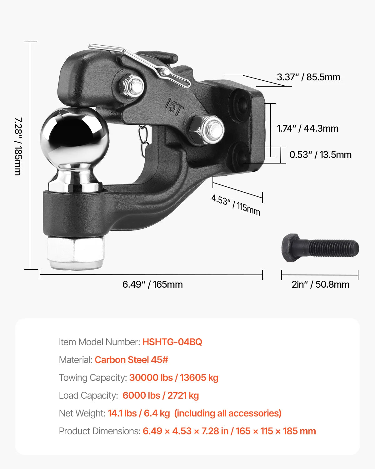 Pintle Hook, 30000 Lbs Towing Capacity, Trailer Hitches Receiver Hook Combination 2-5/16-Inch Hitch Ball, Fits 2.5 to 3-Inch Lunette Ring with Mounting Kit, Wear-Resistant, Black Powder Coat