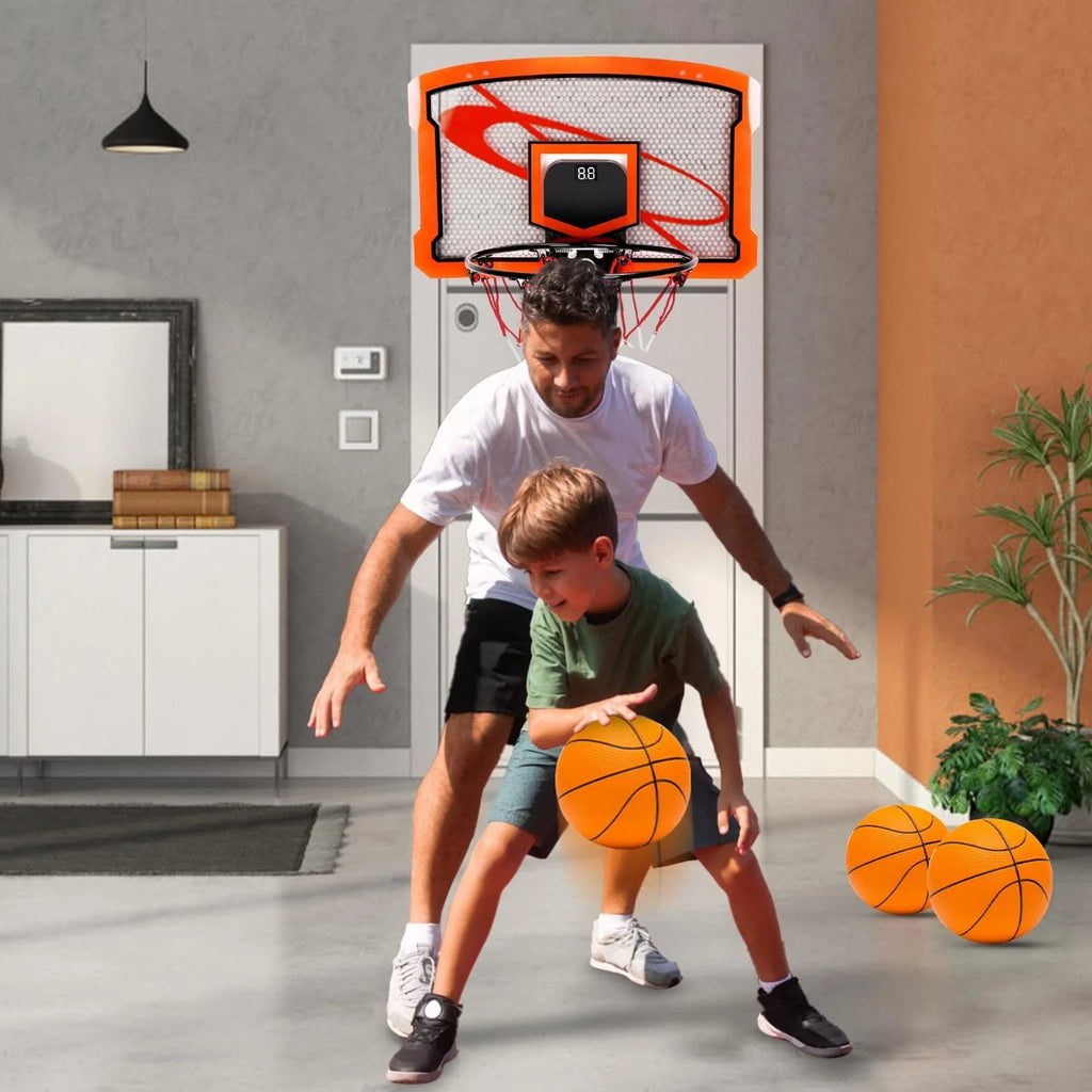 1Set Indoor Mini Basketball Hoop Set over Door Basketball Hoop with 4 Inflatable Balls Electric Audio Scorer Foldable Basket Gift for Kids and Adults