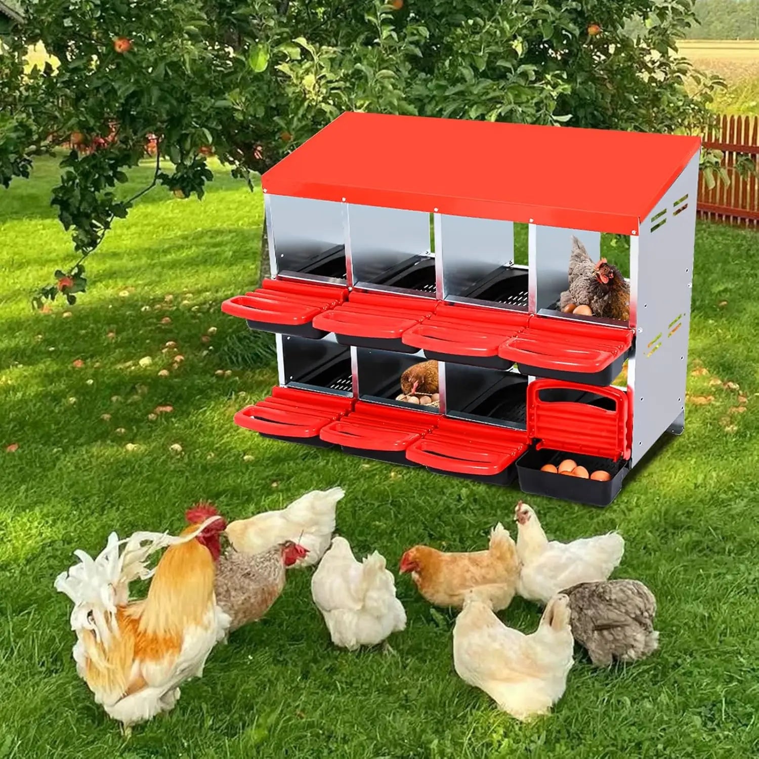 6/8/10 Holes Chicken Nesting Boxes Multi Compartments Metal Laying Boxes with Roll Out Egg Collection for Chickens Hens Ducks