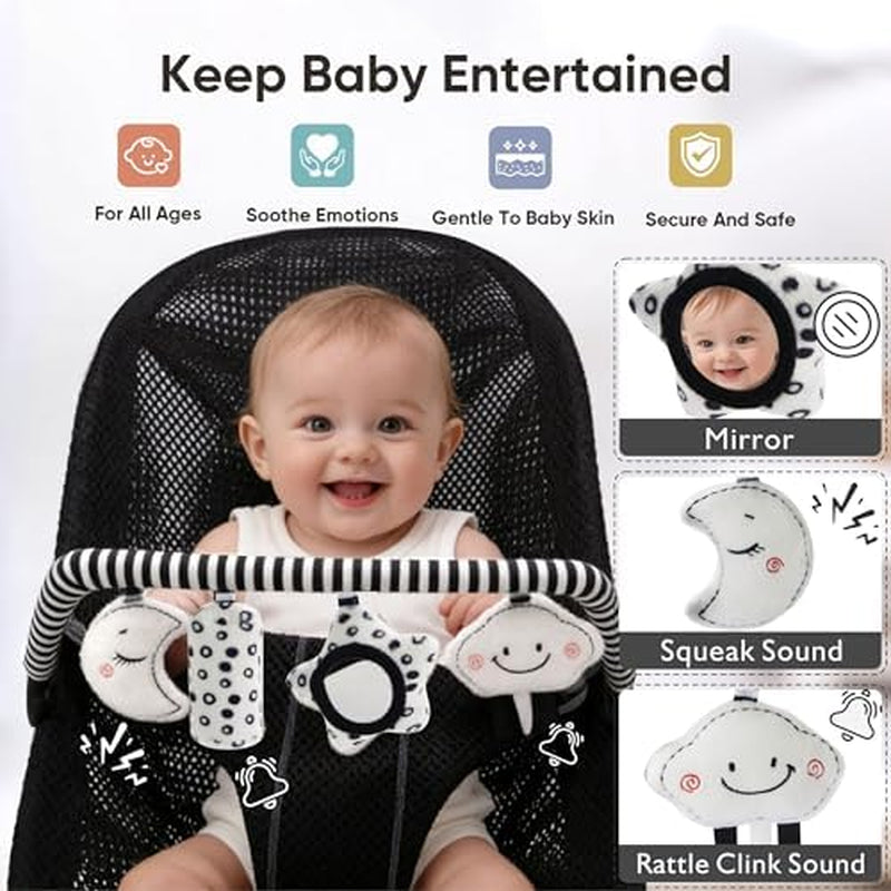 Baby Bouncer Toy Bar Soft with 4 Hanging Sensory Toys Attachment, Compatible with Baby Bjorn Bouncer, with Mirror, Rattle, Crinkle Sound for Babies All Ages (Black and White Shapes)