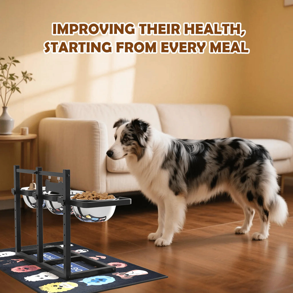 6 Height Adjustable Dog Bowl Stand with Three 1.7L Stainless Steel Bowl, 1 Slow Feeder and Nonslip Pad, Perfect for Large Dogs and Multi-Pet Households