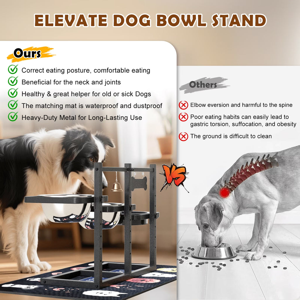 6 Height Adjustable Dog Bowl Stand with Three 1.7L Stainless Steel Bowl, 1 Slow Feeder and Nonslip Pad, Perfect for Large Dogs and Multi-Pet Households