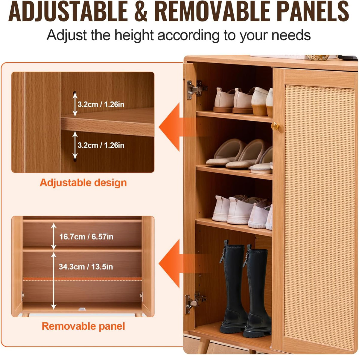 Rattan Shoe Cabinet, 5 Tiers Shoe Storage Organizer with 2 Doors and Adjustable Shelves, 40.35" Tall Rattan Shoe Storage Entryway Cabinet Ideal for Entryway, Closet, Hallway, Light Wood Color