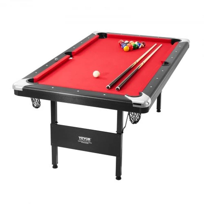 Billiards Table, 6.3 Ft Pool Table, Portable Foldable Space-Saving Table, Billiard Table Set Includes Balls, Cues, Chalks and Brush, Black with Red Cloth, Perfect for Family Game Room Kid Adult