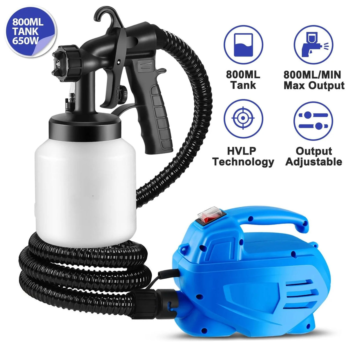 800ML Paint Sprayer 650W Paint Sprayer 800Ml,Minimum Output HVLP Oil Primer Water Spray, with 3 Spraying Modes Motor and Removable Container