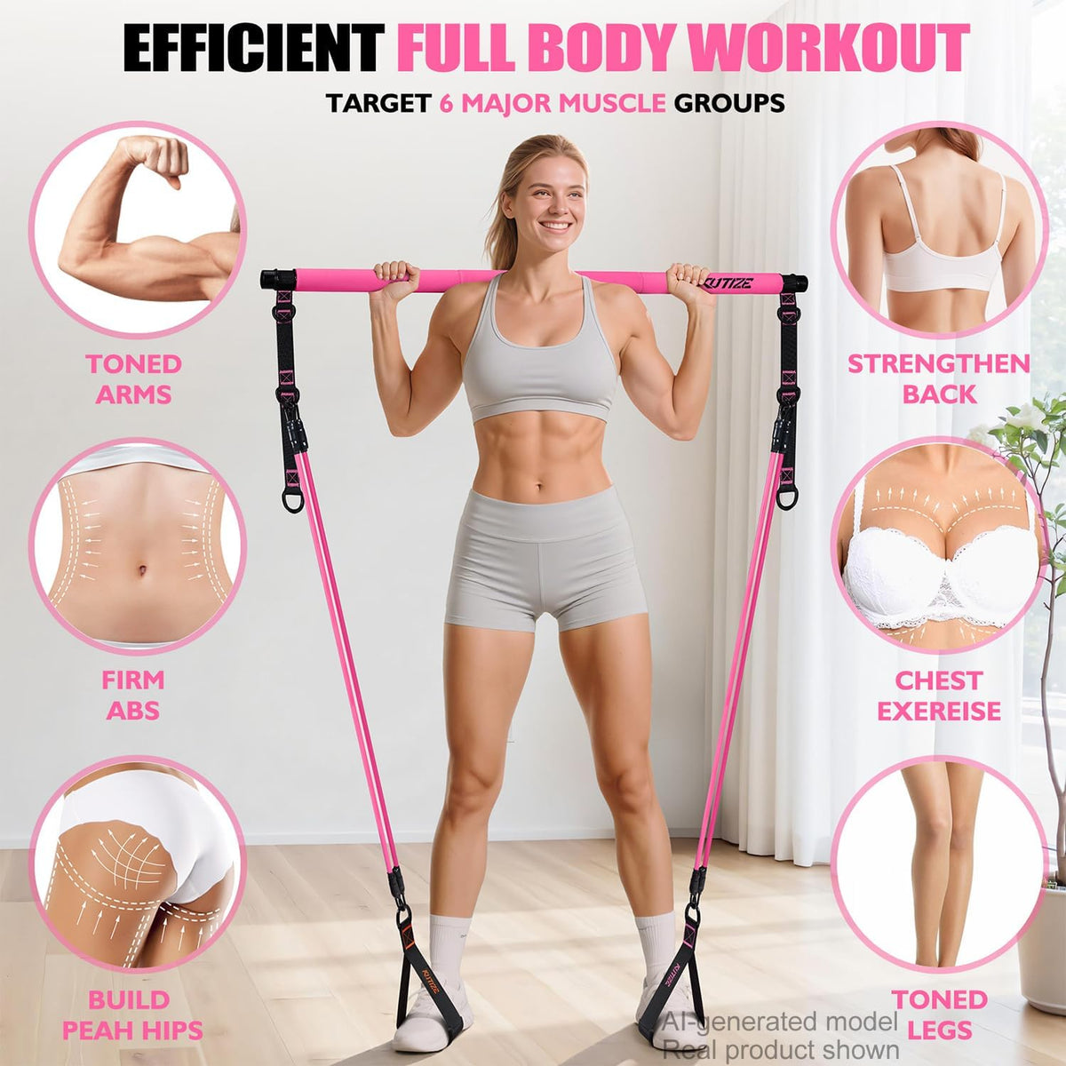 Pilates Bar Kit with Resistance Bands, Pilates Equipment, Multifunctional Pilates Bar for Women & Men, Pilates Kit for Hip, Back, Arm, Full-Body Workouts, Home Gym Strength Training Equipment