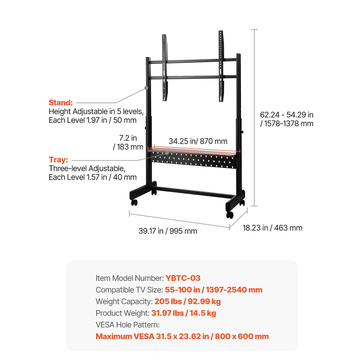 Succebuy Rolling TV Stand Mobile TV Cart Suit for Various Sizes TV Portable TV Stand with Wheels for Living Room Bedroom Office