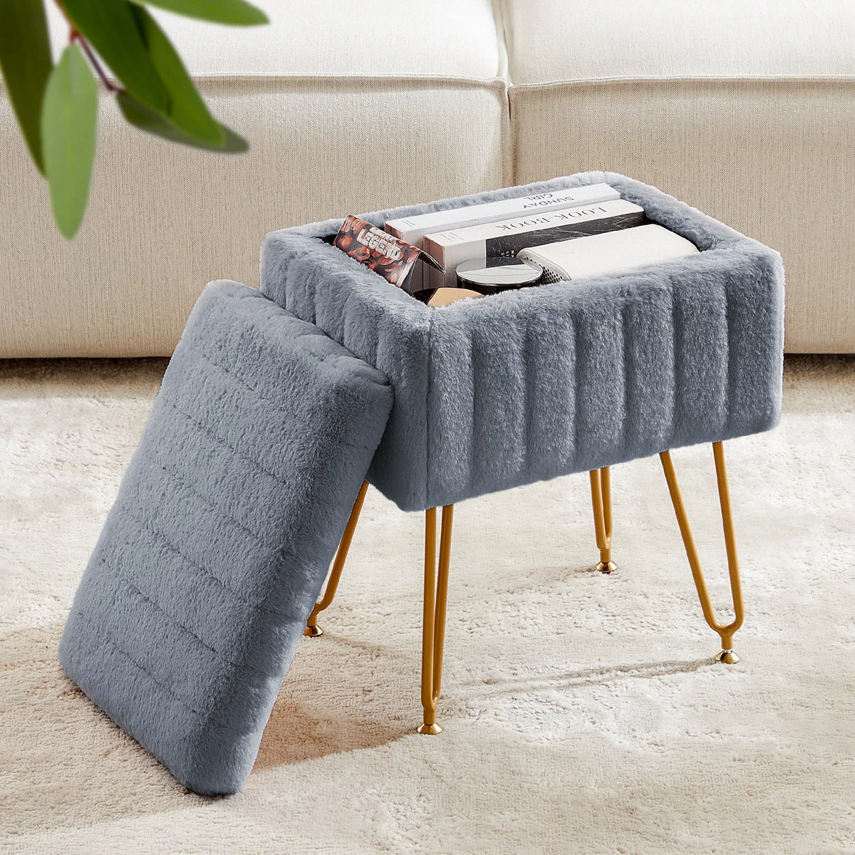 JHK Faux Fur Living Room Hidden Storage Stools & Ottomans Padded Makeup with 4 Metal Legs Anti-Slip Adjustable Feet for Home