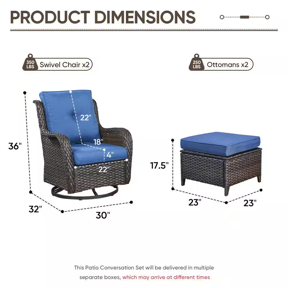 Carolina Brown Swivel Rocking Wicker Outdoor Lounge Chair with Blue Cushions with Ottomans