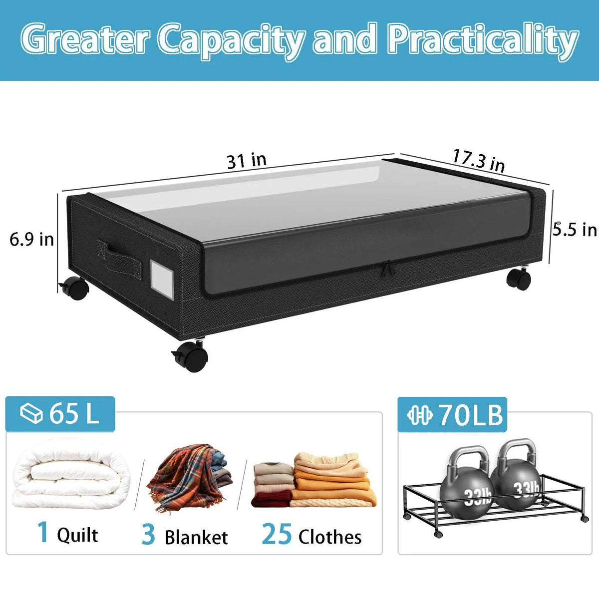 Under Bed Storage with Wheels, 2-Pack 48L Each under the Bed Storage Containers with Clear Lids & Label, Underbed Storage Bins