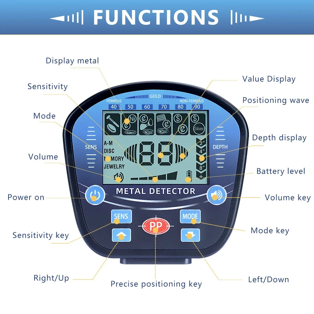 Professional Underground Metal Detector for Adults Waterproof Search Coil High Sensitivity Gold Silver Coin Treasure Hunter Adjustable Length Stem LCD Display Disc Mode Outdoor Beach Garden Archaeological Metal Detecting Equi