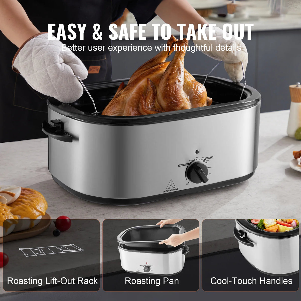 Electric Roaster Oven, 26 QT Turkey Roaster Oven with Self-Basting Lid, 1450W Roaster Oven with Defrost & Warm Function, Adjustable Temperature, Removable Pan & Rack, Fits Turkeys up to 30LBS