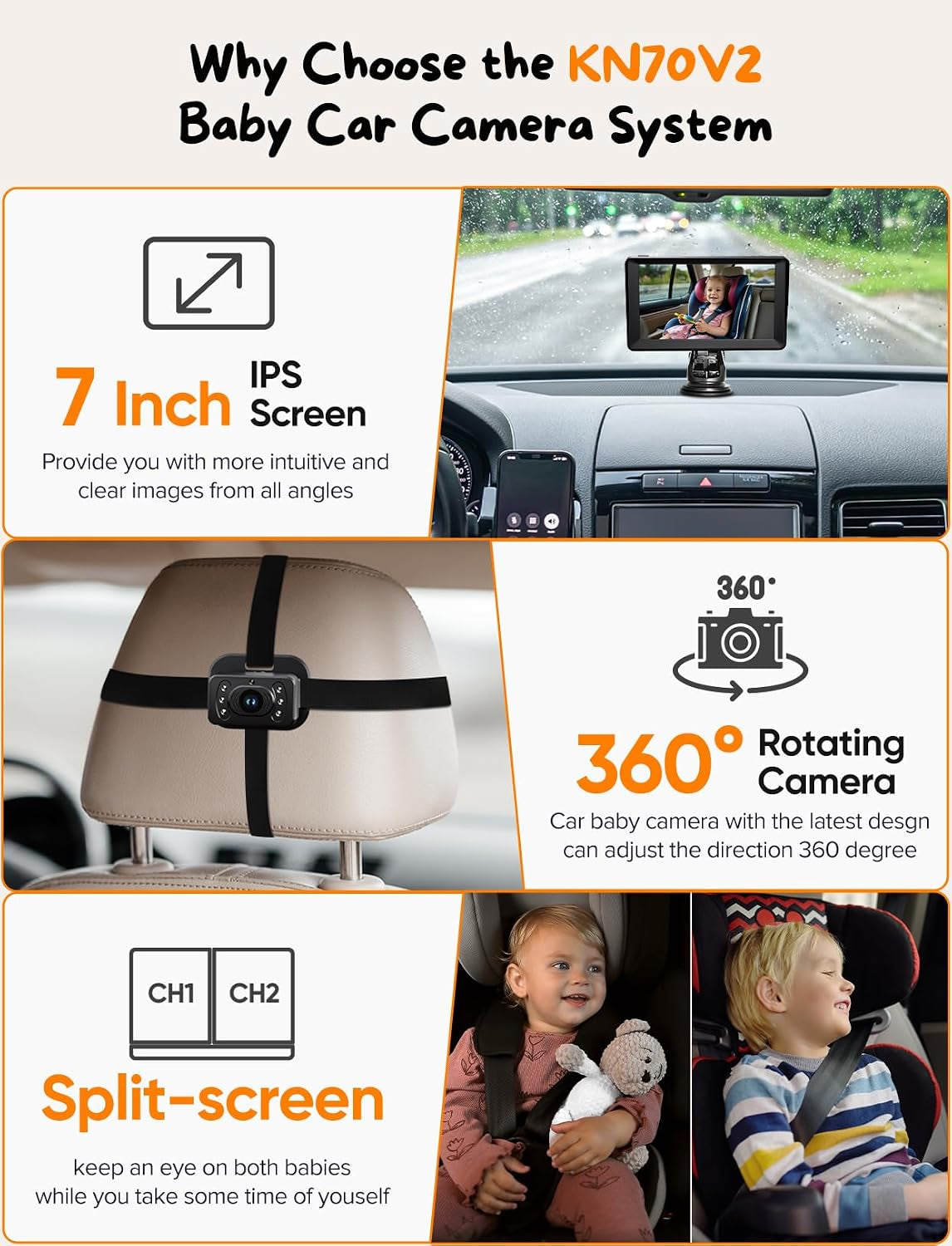 Split Screen Baby Car Camera for 2 Kids, 7 Inch HD 1080P Car Baby Monitor with Dual Backseat Cameras, 150° Wide View, 360°Rotation, Night Vision, Rear-Facing Infant Car Seat Mirror