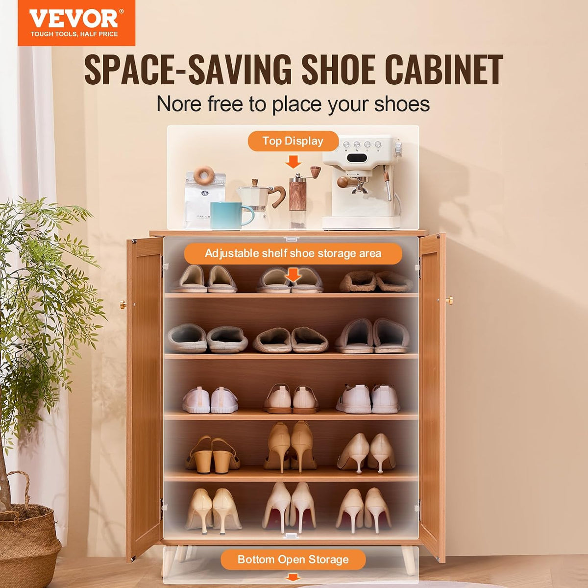 Rattan Shoe Cabinet, 5 Tiers Shoe Storage Organizer with 2 Doors and Adjustable Shelves, 40.35" Tall Rattan Shoe Storage Entryway Cabinet Ideal for Entryway, Closet, Hallway, Light Wood Color
