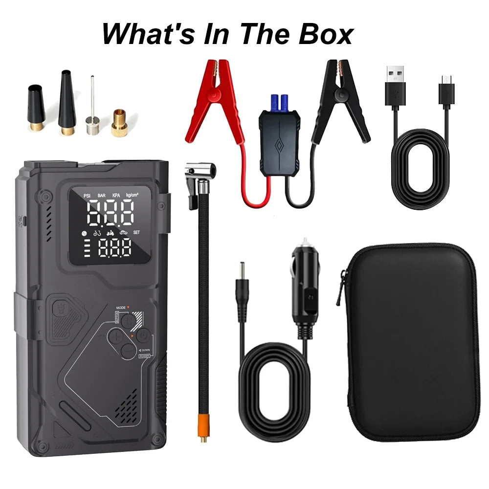 6 in 1 Jump Starter with Air Pump Peak 5000A Booster 150PSI Tire Inflator 8L Gas/4L Diesel with DC Power Cord 400LM Flashlight