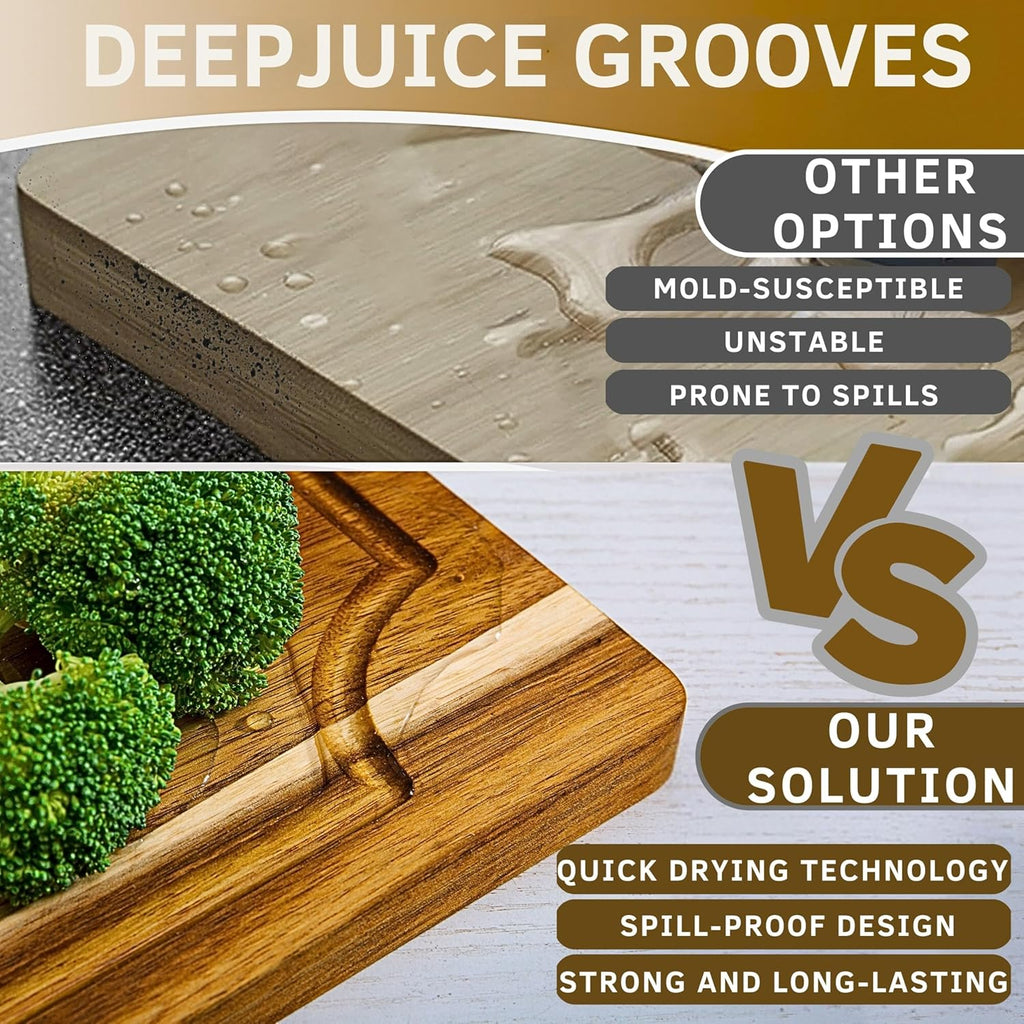 Acacia Wood Cutting Board Set of 3 | Non-Toxic Cutting Boards with Wooden Holder, Non-Slip Silicone Pads, Deep Juice Grooves & Handles | Ideal for Meat, Veggies & Charcuterie – Elegant Kitchen Gift