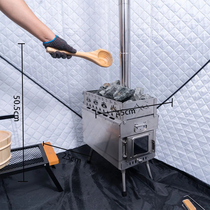 Portable Sauna Stove Wood-Burning Large Heater for Outdoor Camping Tents Folding Stove with Window Chimney Outdoor Camping Gear