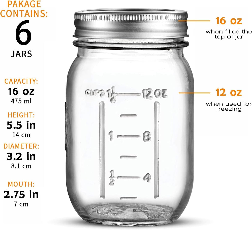 Classic 16 Oz Mason Jars, 6 Pack Canning Jars, Regular Mouth, Airtight & Leak Proof, Dishwasher Safe, Microwave & Freezer Safe, 3.2 X 4.5 X 5.5 Inches