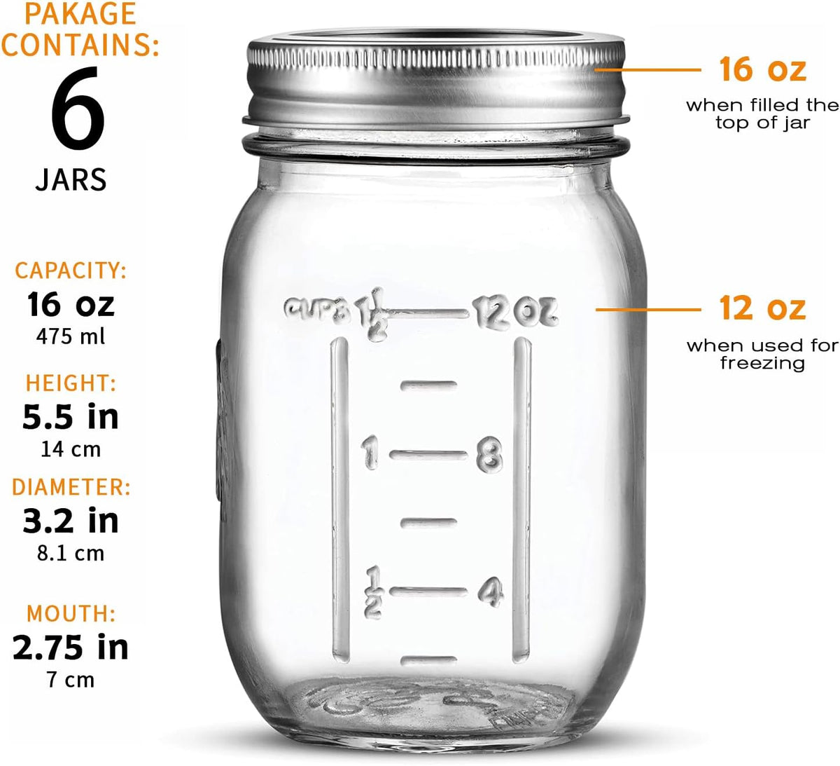 Classic 16 Oz Mason Jars, 6 Pack Canning Jars, Regular Mouth, Airtight & Leak Proof, Dishwasher Safe, Microwave & Freezer Safe, 3.2 X 4.5 X 5.5 Inches