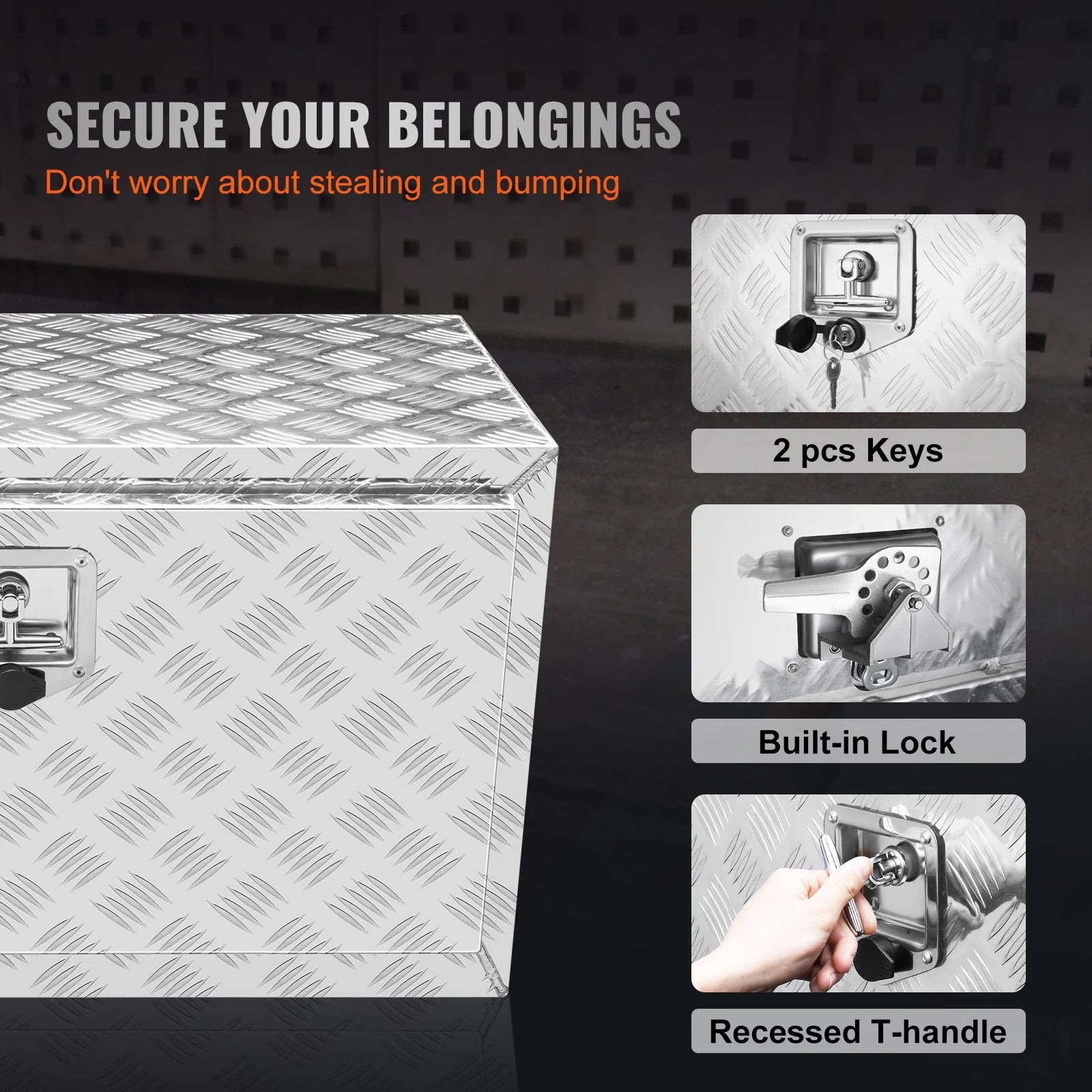 VEVOR Underbody Truck Box, 30¡_14¡_16 Pickup Storage Box, Heavy Duty Aluminum Diamond Plate Tool Box with Lock and Keys, Waterproof Trailer Storage Box with T-Handle Latch for Truck, Van, Trailer
