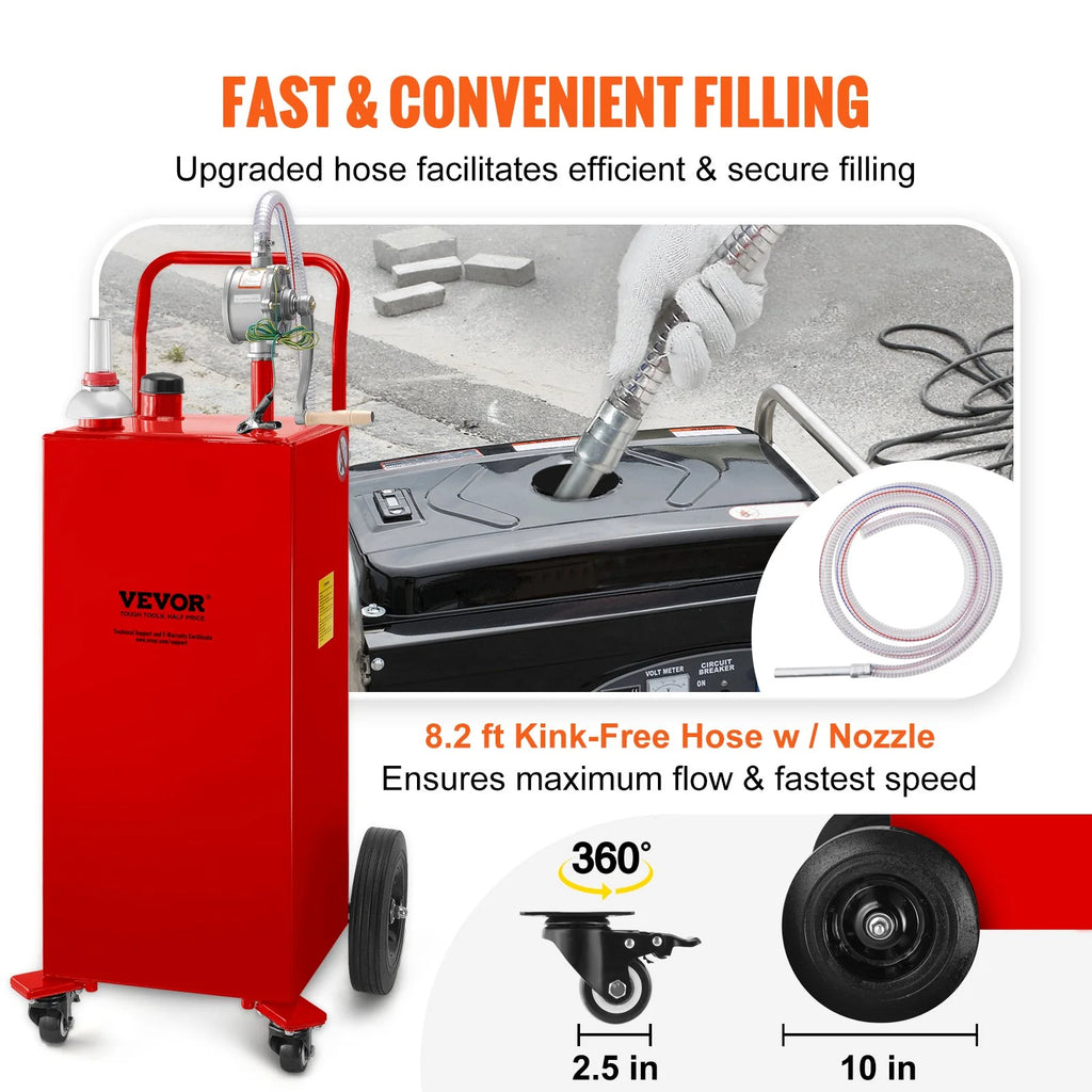 VEVOR 30 Gallon Fuel Caddy, Gas Storage Tank & 4 Wheels, with Manuel Transfer Pump, Gasoline Diesel Fuel Container for Cars, Lawn Mowers, Atvs, Boats, More, Red