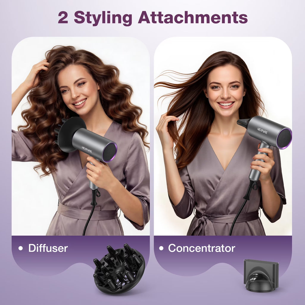 Professional Ionic Hair Dryer, 2000W Powerful Blow Dryer with Diffuser and Concentrator, for Home and Travel Use, Purple