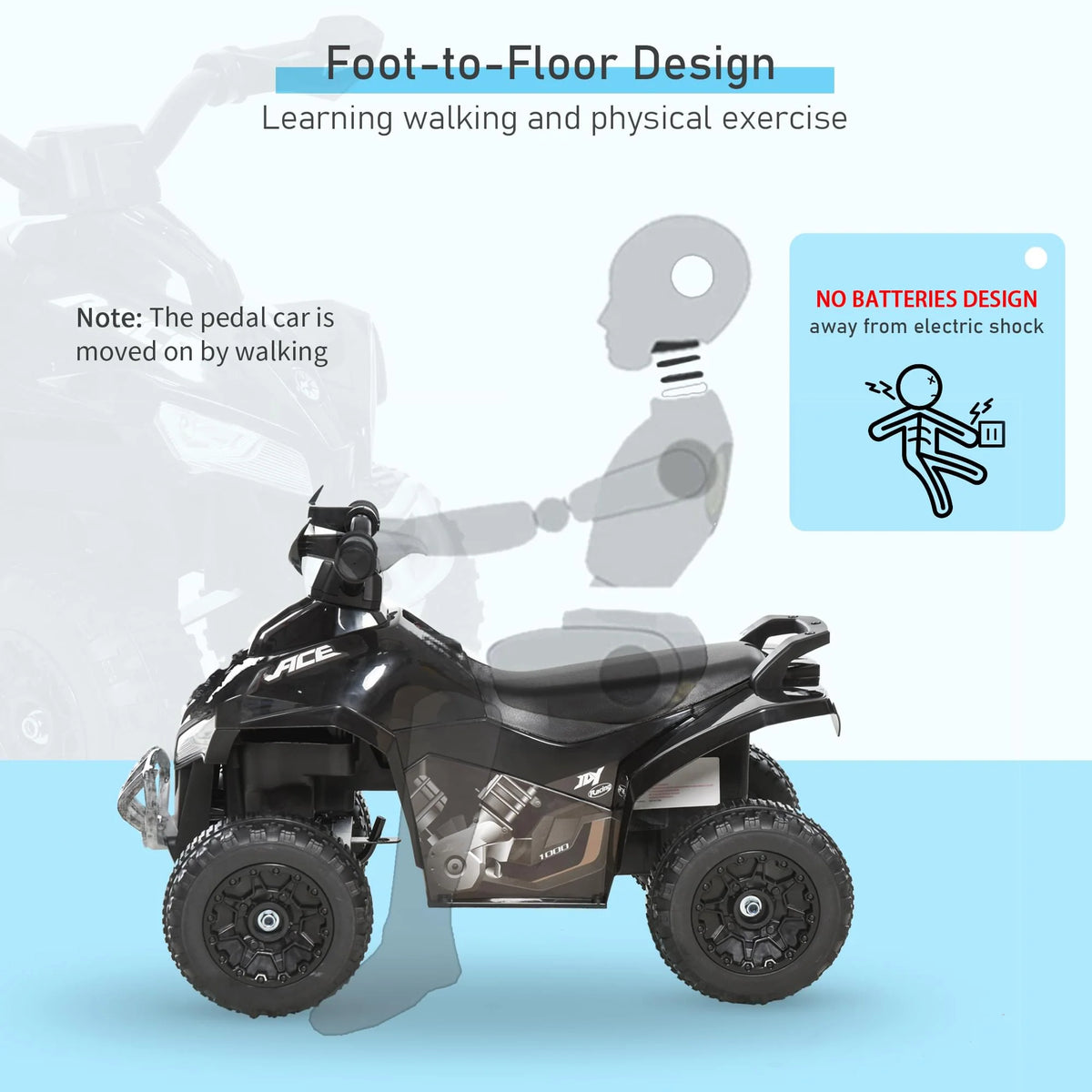 NO Power Kids Ride on Push Car, Ride Racer, Foot-To-Floor Sliding Car, Walking ATV Toy with Music, Lights, for 1.5-3 Years Old, Black