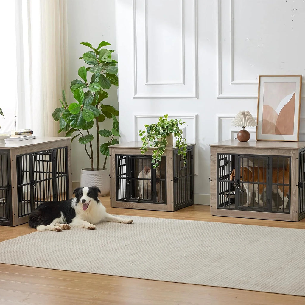 Heavy Duty Dog Crate Furniture for Puppy/Small Dogs, Decorative Pet House End Table with 3 Doors, Wooden Cage Kennel Furniture Indoor, Rustic Grey - without Bowls
