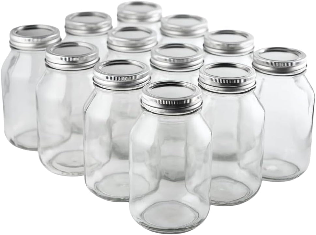 32 Oz Regular Mouth Mason Jars with Lids – Pack of 12 Quart Canning Jars for Food Storage, Pickling, Fermentation, Crafts – Reusable Airtight Large Glass Mason Jar with 1 Black Cap Gripper