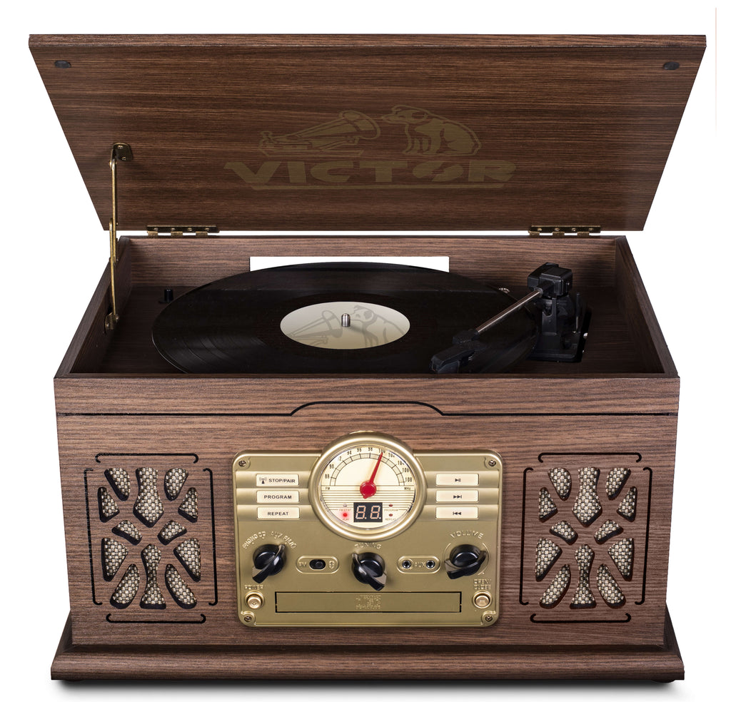 Victor State 7-In-1 Wood Music Center with 3-Speed Turntable and Dual Bluetooth
