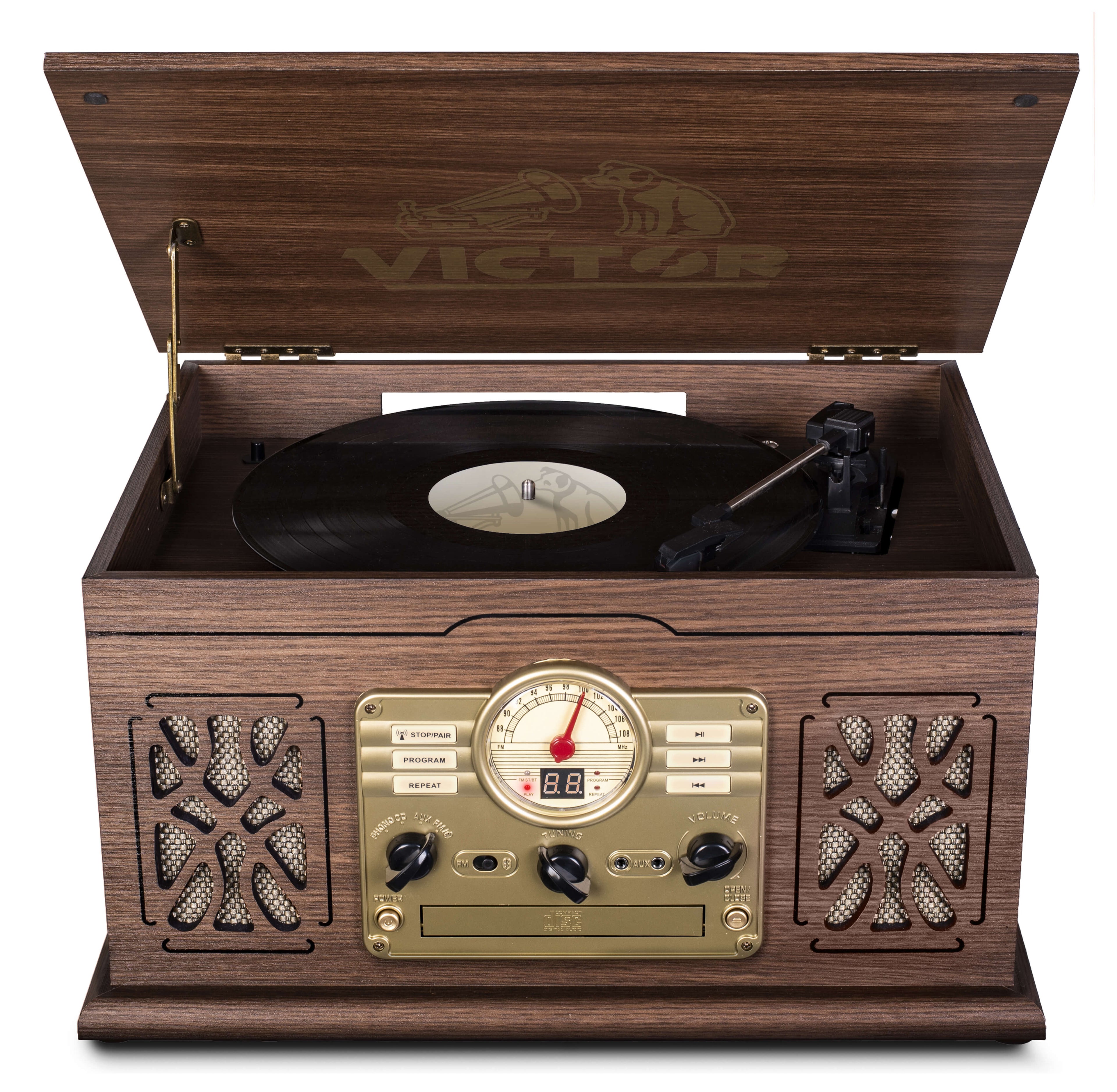Victor State 7-In-1 Wood Music Center with 3-Speed Turntable and Dual Bluetooth