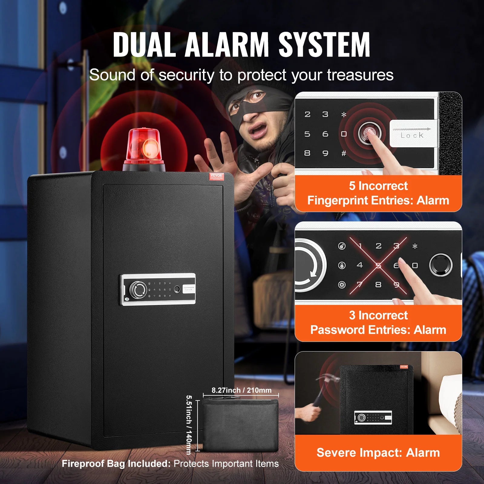 Succebuy Single/Double Door Safe Box with Key Lock Password & Fingerprint Safe Lock Box with Fireproof Bag Key Rack & LED Light