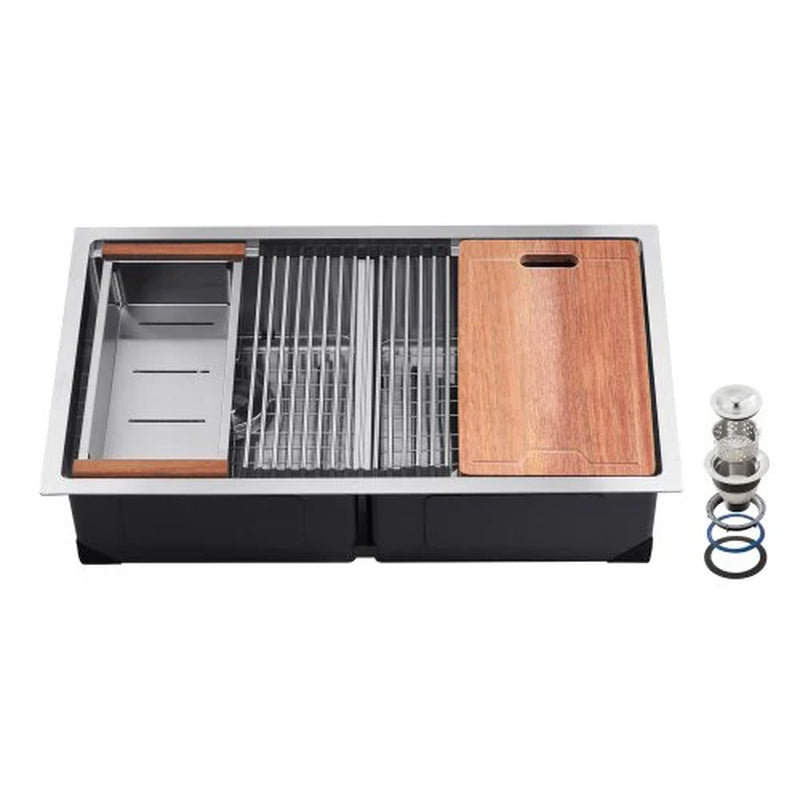 33 Inch Kitchen Sink Workstation, 304 Stainless Steel Undermount Sink, Drop-In Double Bowl Farmhouse Basin with Ledge & Multiple Accessories, Household Dishwasher Sinks for RV, Prep Kitchen, Bar