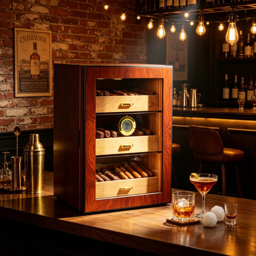 100 Cigar Capacity Wooden Humidor with Digital Hygrometer Glass Door Temperature Humidity Control Storage Box for Home Bar Use