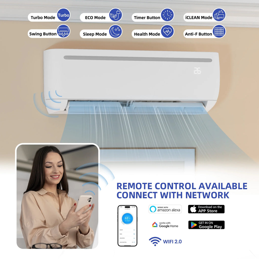 12000 BTU Mini Split Air Conditioner Heat Pump System, Wifi Enabled 17 SEER2 208-230V Ductless AC Cool up to 750 Sq. Ft, Compatible with Alexa, R32 Refrigerant & Installation Kit, White