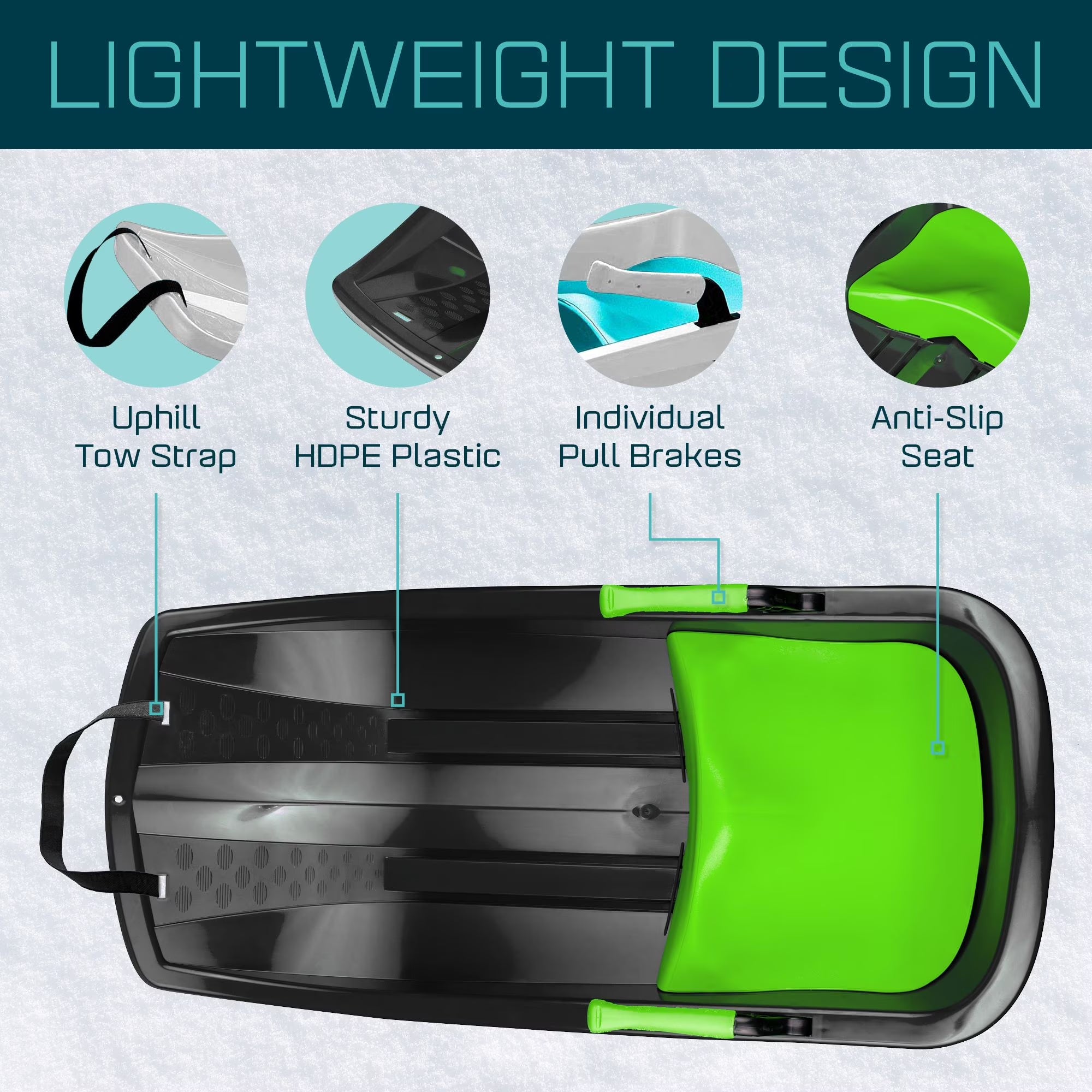 Gizmo Tron Mystic Green, Sitting Snow Sled with Hand Brakes, 120 Lbs , for Kids Ages 3+